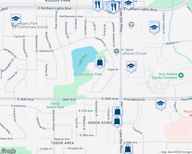 map of restaurants, bars, coffee shops, grocery stores, and more near 3506 Fordham Drive in Anchorage