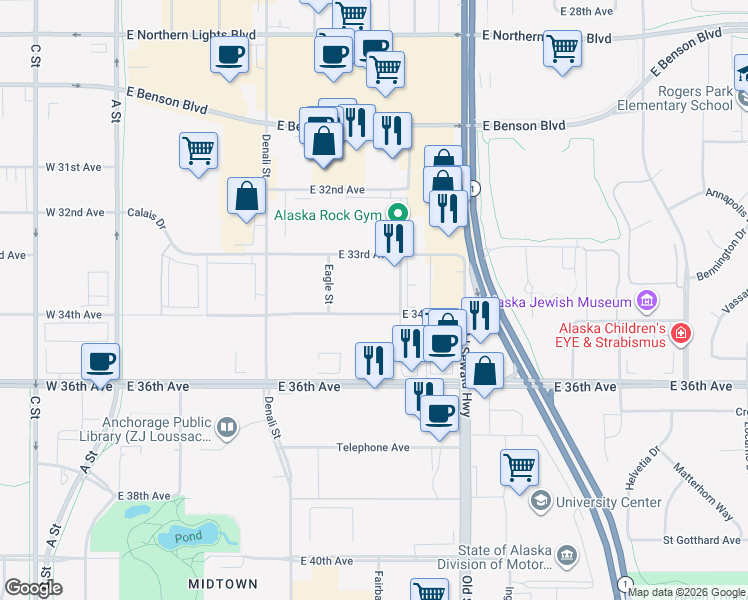 map of restaurants, bars, coffee shops, grocery stores, and more near 525 East 34th Avenue in Anchorage