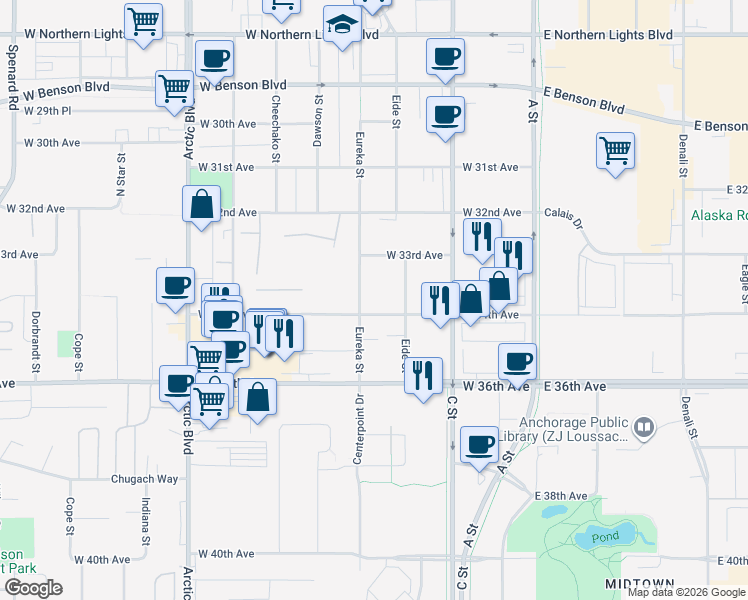 map of restaurants, bars, coffee shops, grocery stores, and more near in Anchorage