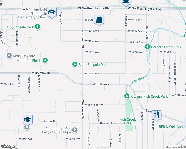 map of restaurants, bars, coffee shops, grocery stores, and more near 3102 West 34th Avenue in Anchorage