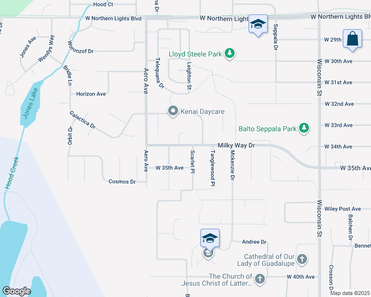 map of restaurants, bars, coffee shops, grocery stores, and more near 3417 Bruce Lane in Anchorage