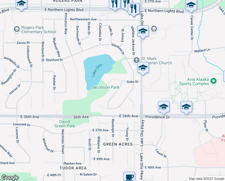 map of restaurants, bars, coffee shops, grocery stores, and more near 3506 Fordham Drive in Anchorage
