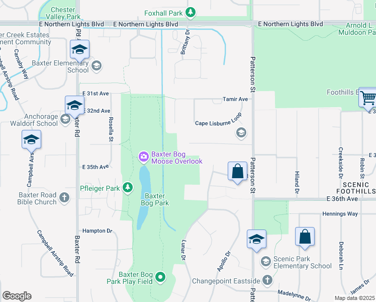 map of restaurants, bars, coffee shops, grocery stores, and more near 6800 Baxter Terrace Circle in Anchorage
