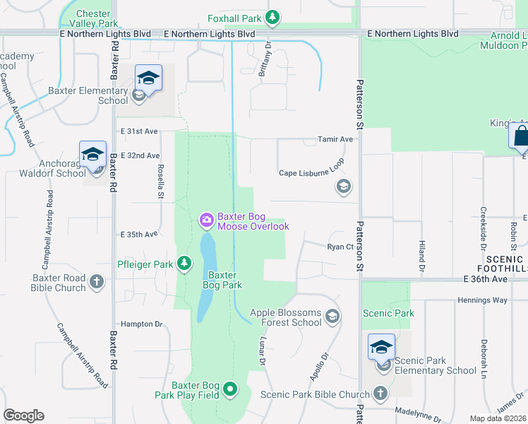 map of restaurants, bars, coffee shops, grocery stores, and more near 6800 Baxter Terrace Circle in Anchorage