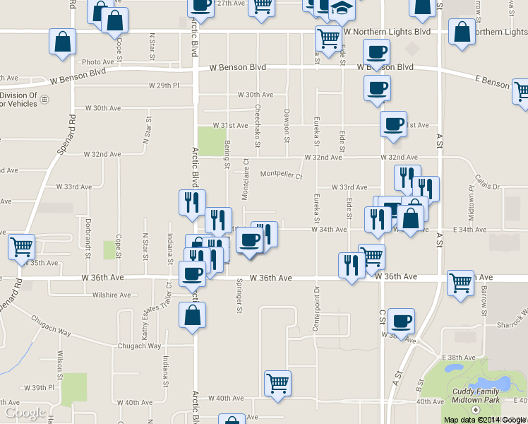 map of restaurants, bars, coffee shops, grocery stores, and more near in Anchorage