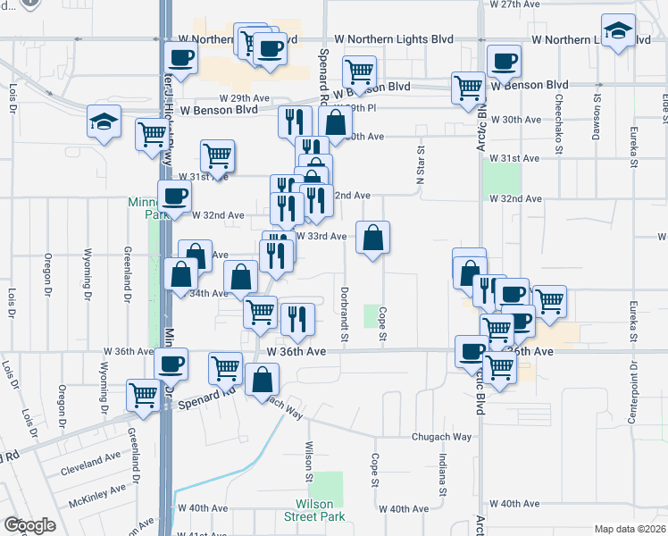map of restaurants, bars, coffee shops, grocery stores, and more near 3402 Dorbrandt Street in Anchorage