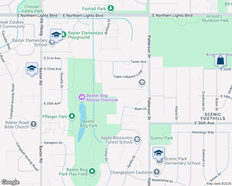 map of restaurants, bars, coffee shops, grocery stores, and more near 3430 Lunar Circle in Anchorage