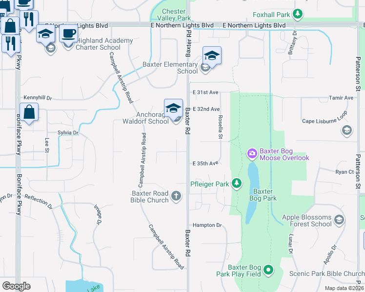 map of restaurants, bars, coffee shops, grocery stores, and more near 3420 Jerde Circle in Anchorage