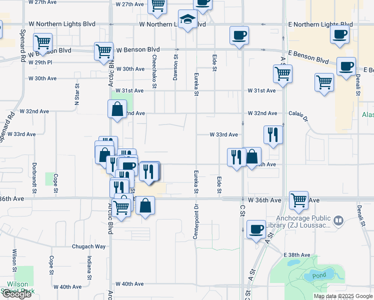 map of restaurants, bars, coffee shops, grocery stores, and more near 3364 Monticello Court in Anchorage