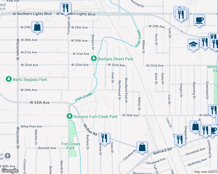 map of restaurants, bars, coffee shops, grocery stores, and more near 2410 West 34th Avenue in Anchorage