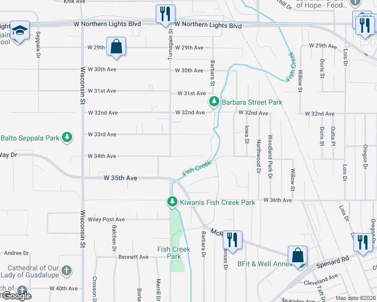 map of restaurants, bars, coffee shops, grocery stores, and more near 2710 West 34th Avenue in Anchorage