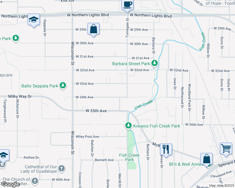 map of restaurants, bars, coffee shops, grocery stores, and more near 2902 West 34th Avenue in Anchorage