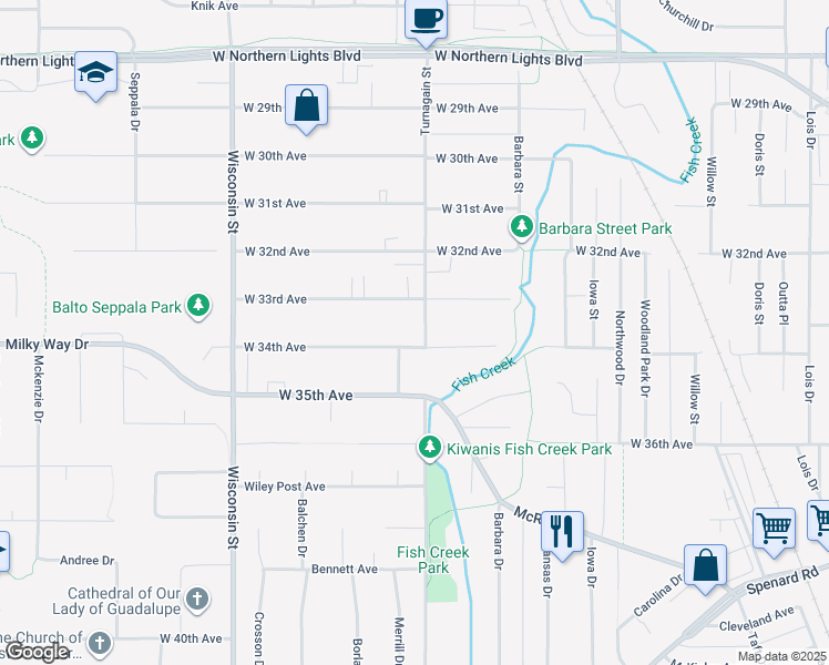 map of restaurants, bars, coffee shops, grocery stores, and more near 3304 Turnagain Street in Anchorage