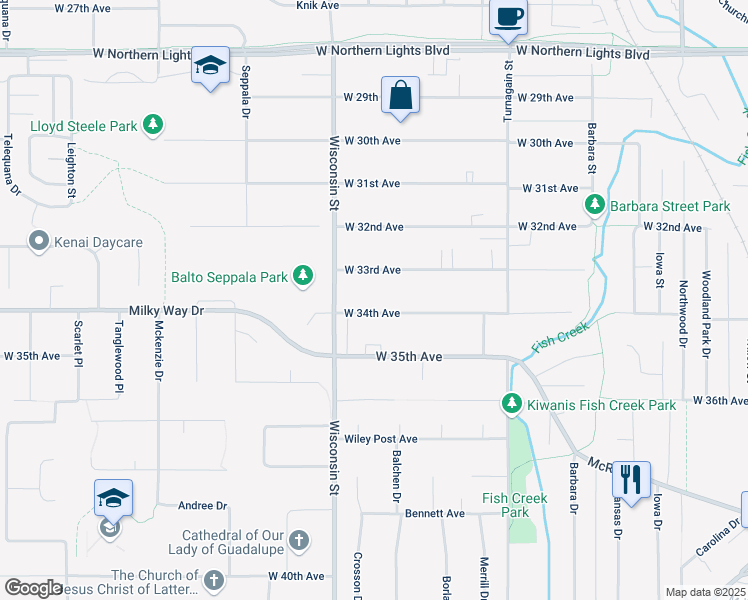 map of restaurants, bars, coffee shops, grocery stores, and more near 3102 West 34th Avenue in Anchorage