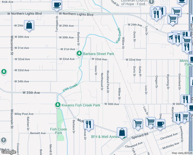 map of restaurants, bars, coffee shops, grocery stores, and more near 2400 West 34th Avenue in Anchorage
