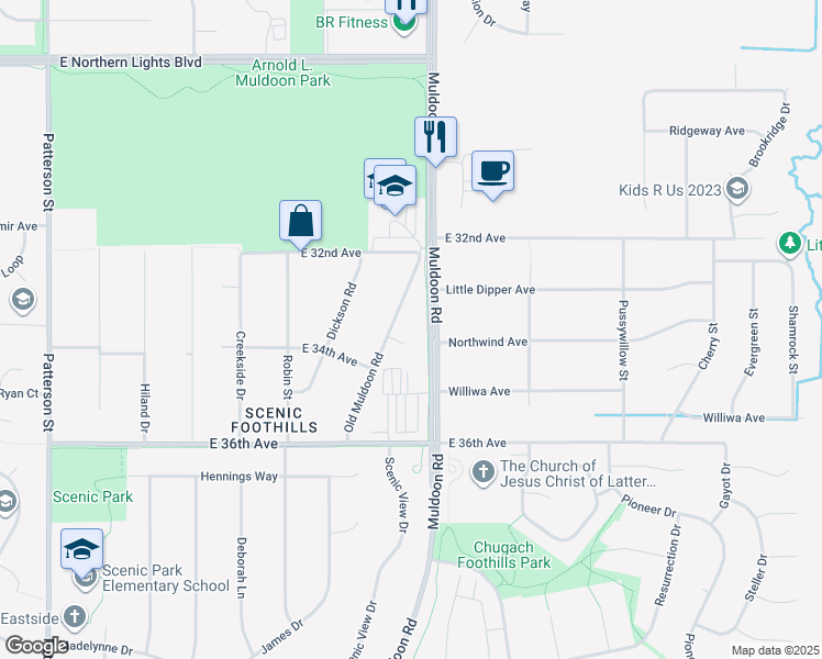 map of restaurants, bars, coffee shops, grocery stores, and more near 3421 Meadowbrook Circle in Anchorage