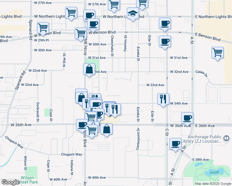 map of restaurants, bars, coffee shops, grocery stores, and more near 3321 West 34th Avenue in Anchorage