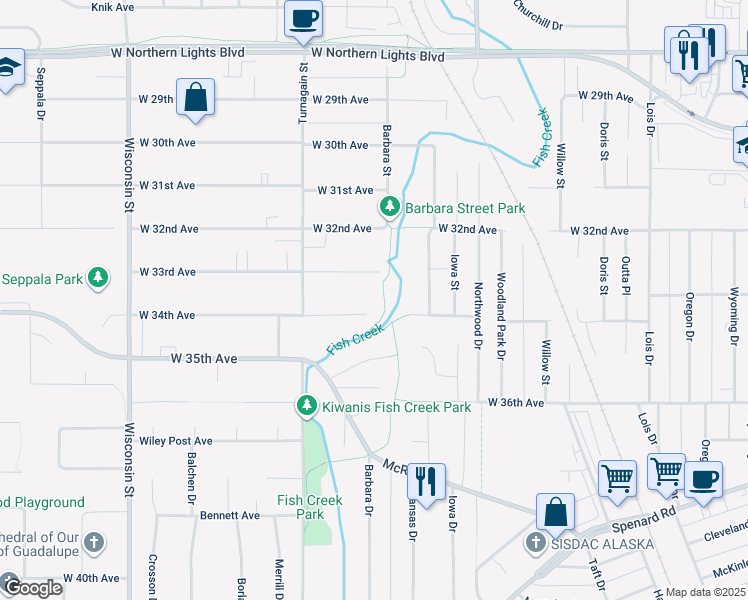 map of restaurants, bars, coffee shops, grocery stores, and more near 2523 Kona Lane in Anchorage