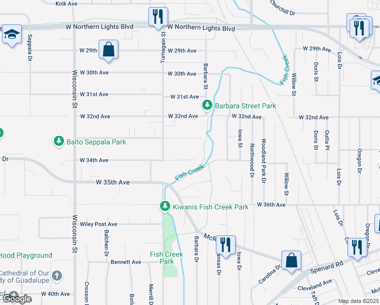 map of restaurants, bars, coffee shops, grocery stores, and more near 2523 Kona Lane in Anchorage