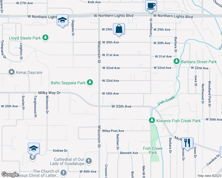 map of restaurants, bars, coffee shops, grocery stores, and more near 3102 West 34th Avenue in Anchorage