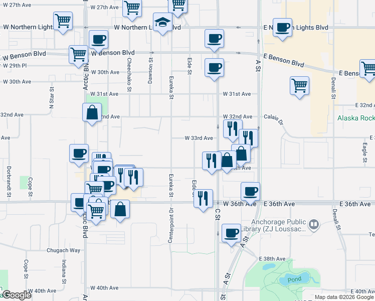 map of restaurants, bars, coffee shops, grocery stores, and more near 355 West 34th Avenue in Anchorage