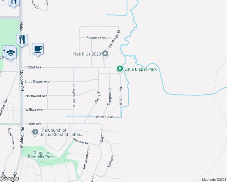 map of restaurants, bars, coffee shops, grocery stores, and more near 3220 Evergreen Street in Anchorage
