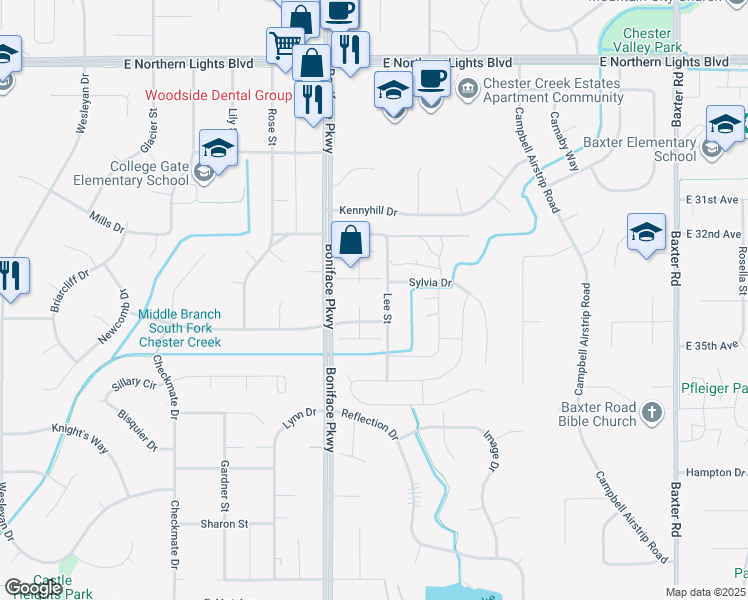 map of restaurants, bars, coffee shops, grocery stores, and more near 3227 Eastgate Place in Anchorage