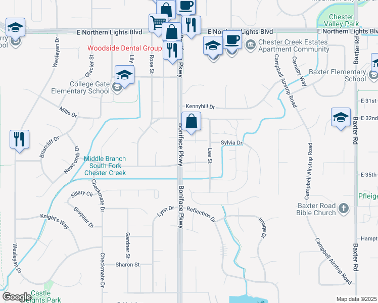 map of restaurants, bars, coffee shops, grocery stores, and more near 3307 Boniface Parkway in Anchorage