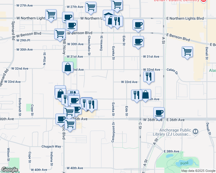map of restaurants, bars, coffee shops, grocery stores, and more near 3251 Montpelier Court in Anchorage
