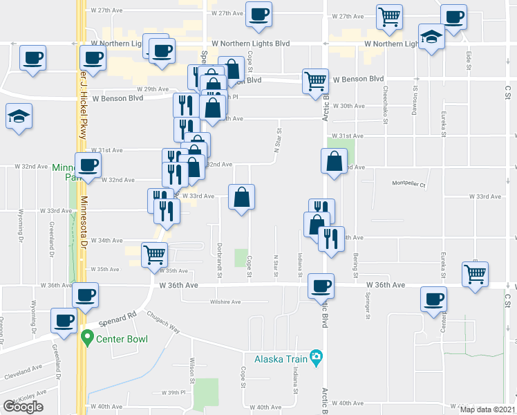 map of restaurants, bars, coffee shops, grocery stores, and more near 3207 Cope Street in Anchorage