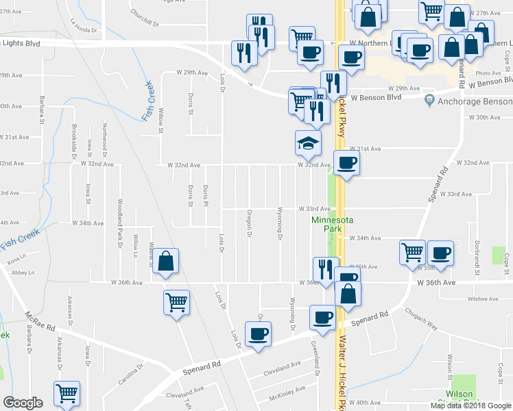 map of restaurants, bars, coffee shops, grocery stores, and more near 3208 Oregon Drive in Anchorage