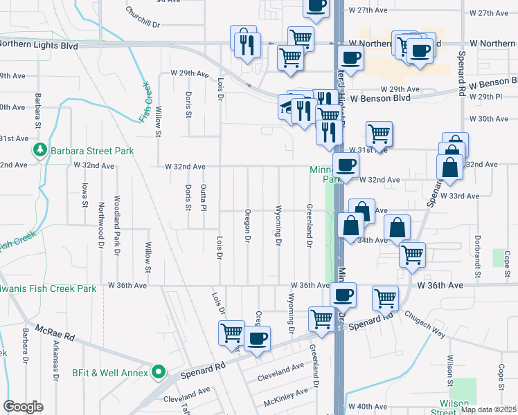 map of restaurants, bars, coffee shops, grocery stores, and more near 1831 West 33rd Avenue in Anchorage