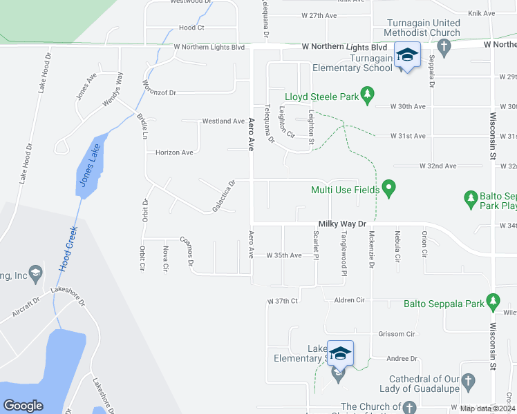 map of restaurants, bars, coffee shops, grocery stores, and more near 3242 Aquarius Circle in Anchorage