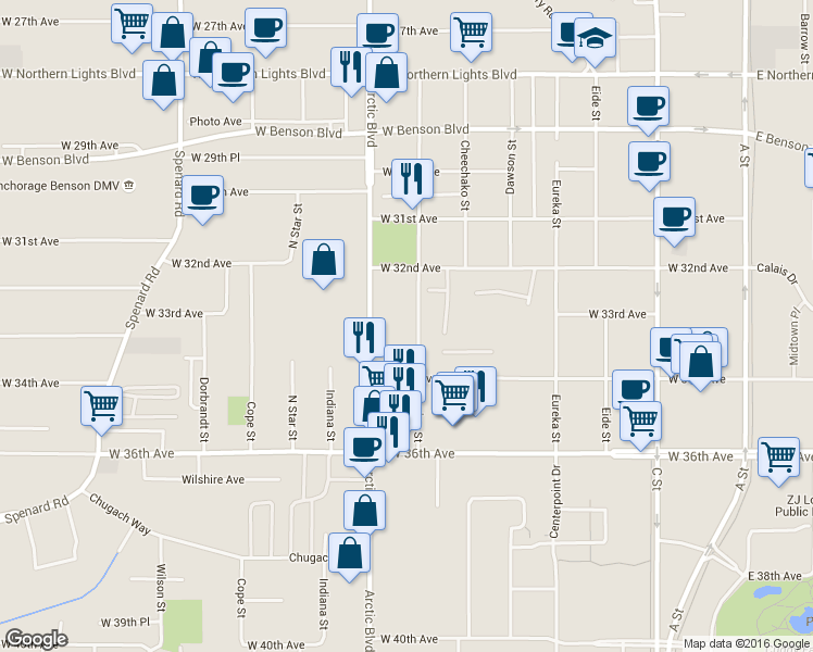 map of restaurants, bars, coffee shops, grocery stores, and more near 3210 Bering Street in Anchorage