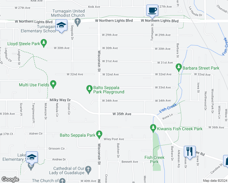map of restaurants, bars, coffee shops, grocery stores, and more near 3005 West 33rd Avenue in Anchorage