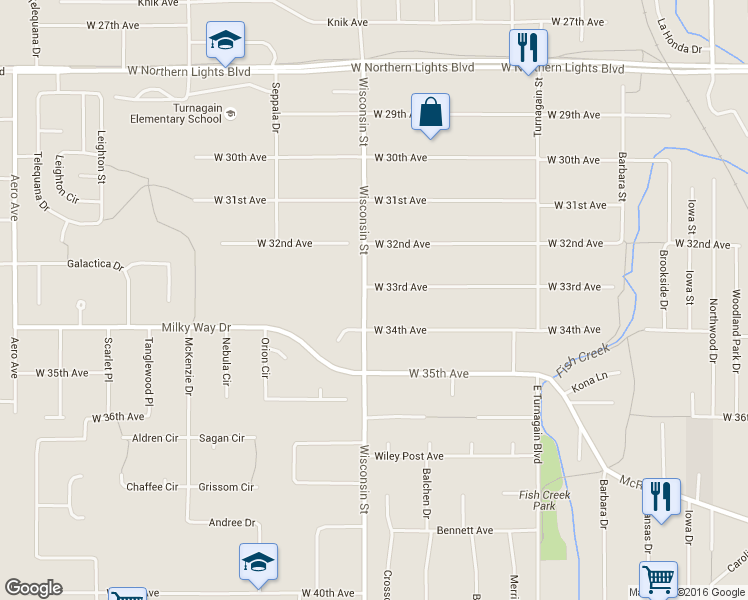 map of restaurants, bars, coffee shops, grocery stores, and more near 3207 Wisconsin Street in Anchorage
