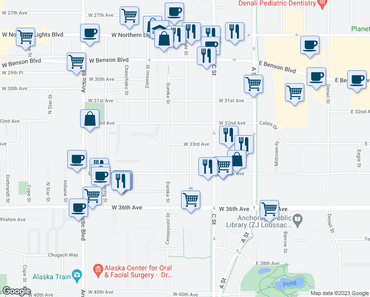 map of restaurants, bars, coffee shops, grocery stores, and more near 310 West 33rd Avenue in Anchorage