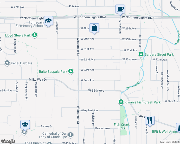 map of restaurants, bars, coffee shops, grocery stores, and more near 3012 West 33rd Avenue in Anchorage