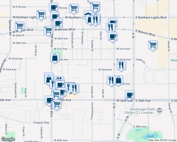 map of restaurants, bars, coffee shops, grocery stores, and more near 3251 Montpelier Court in Anchorage