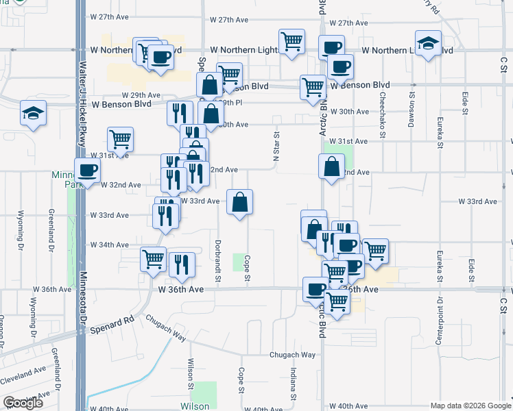 map of restaurants, bars, coffee shops, grocery stores, and more near 3207 Cope Street in Anchorage