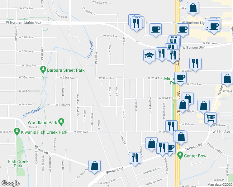 map of restaurants, bars, coffee shops, grocery stores, and more near 3209 Doris Street in Anchorage
