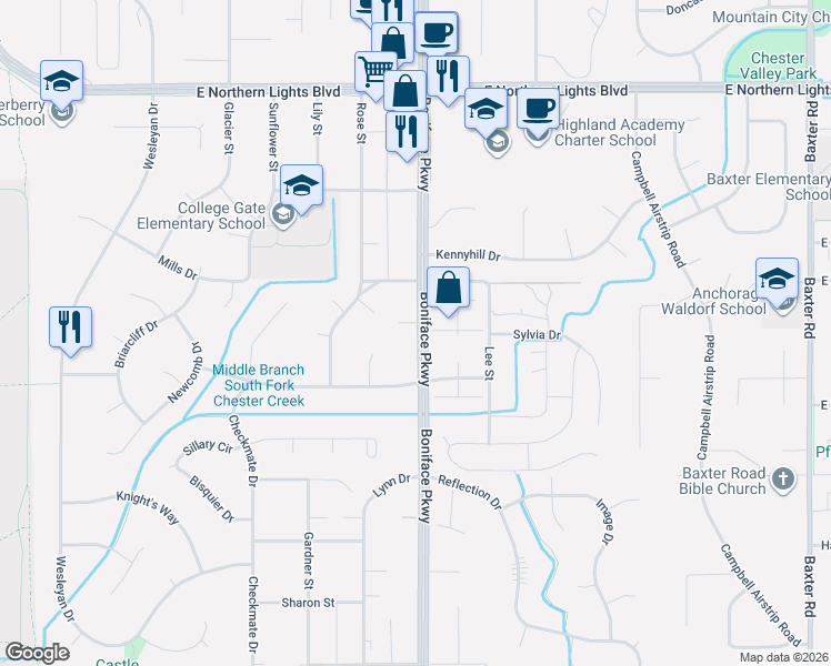 map of restaurants, bars, coffee shops, grocery stores, and more near 3236 Eastgate Place in Anchorage