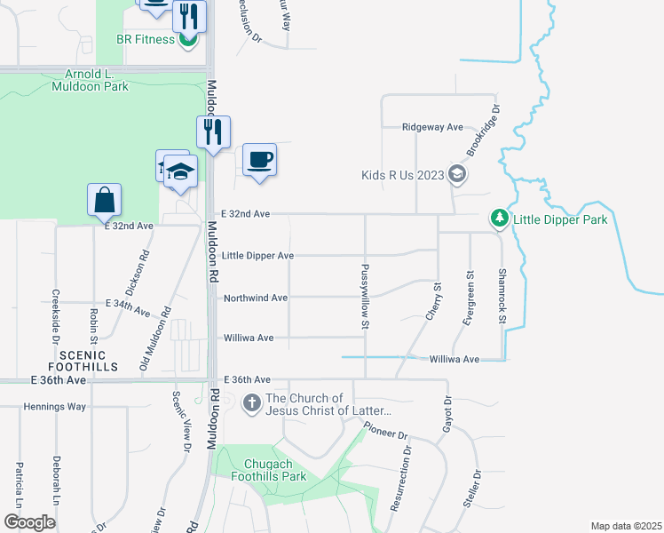 map of restaurants, bars, coffee shops, grocery stores, and more near 8200a Little Dipper Avenue in Anchorage