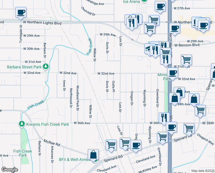 map of restaurants, bars, coffee shops, grocery stores, and more near 3209 Doris Street in Anchorage