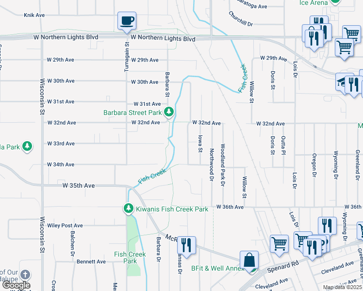 map of restaurants, bars, coffee shops, grocery stores, and more near 2607 West 33rd Avenue in Anchorage