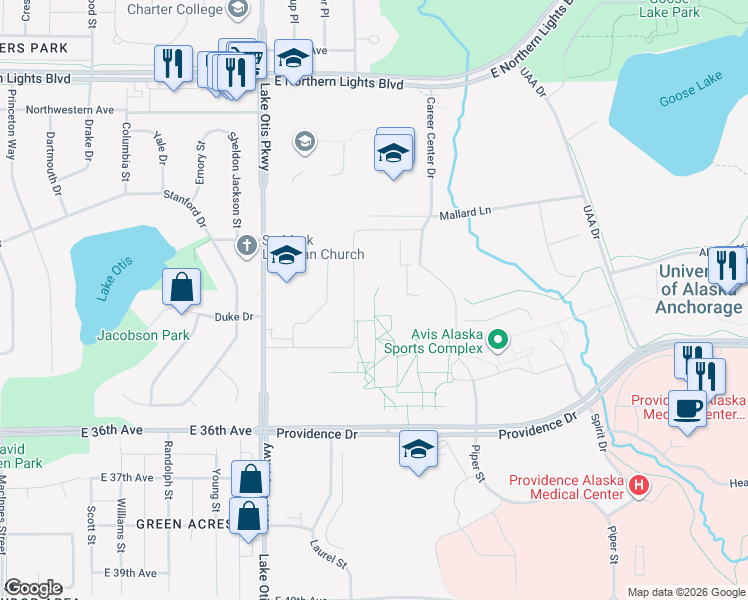 map of restaurants, bars, coffee shops, grocery stores, and more near West-Campus Walkway in Anchorage