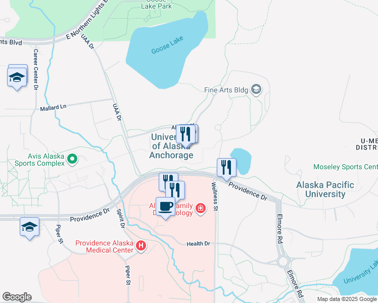 map of restaurants, bars, coffee shops, grocery stores, and more near 3211 Providence Drive in Anchorage