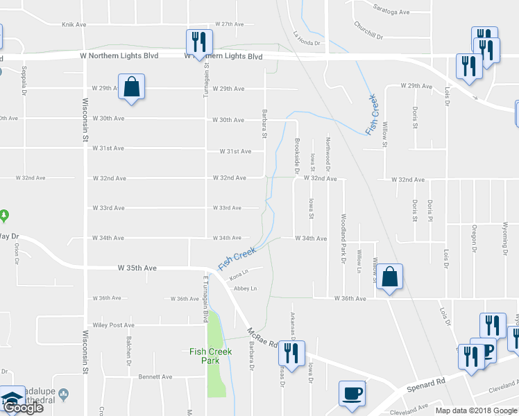 map of restaurants, bars, coffee shops, grocery stores, and more near 2600 West 33rd Avenue in Anchorage