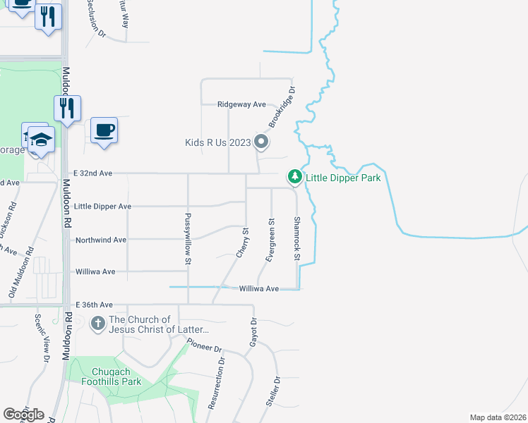 map of restaurants, bars, coffee shops, grocery stores, and more near 3220 Evergreen Street in Anchorage