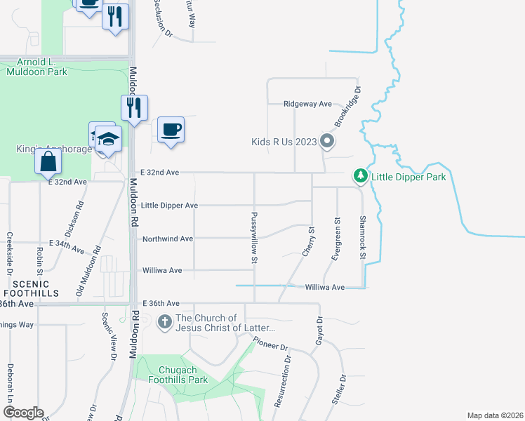 map of restaurants, bars, coffee shops, grocery stores, and more near 8311 Little Dipper Avenue in Anchorage